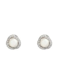 Silver stud earrings featuring a central white pearl surrounded by a cluster of sparkling clear diamonds in a rounded design.