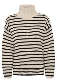 Gestreifter Pullover mit hohem Rippenkragen. Beiger Grundton mit schwarzen horizontalen Streifen. Weiche Textur, überschnittene Schultern und gerippten Bündchen.