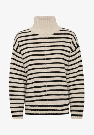 Maglione a righe con colletto alto a costine. Base beige con righe orizzontali nere. Tessuto morbido, spalle scese e polsini a costine.