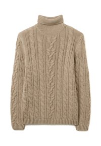 Maglione a collo alto color beige in maglia a trecce con colletto a coste e motivo strutturato caratterizzato da trecce spesse e sottili su tutto il tessuto.