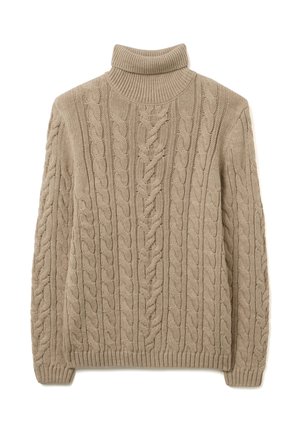 Beige kabelgebreide coltrui met een geribde kraag en een textuurpatroon met dikke en dunne vlechten door de stof.