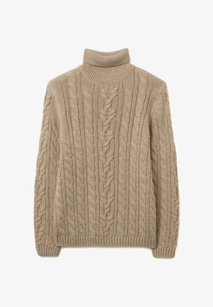 Beige kabelgebreide coltrui met een geribde kraag en een textuurpatroon met dikke en dunne vlechten door de stof.
