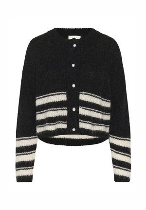 Schwarz gestrickte Strickjacke mit weißen horizontalen Streifen am unteren Körper und an den Ärmeln, ausgestattet mit perlenartigen Knöpfen vorne.