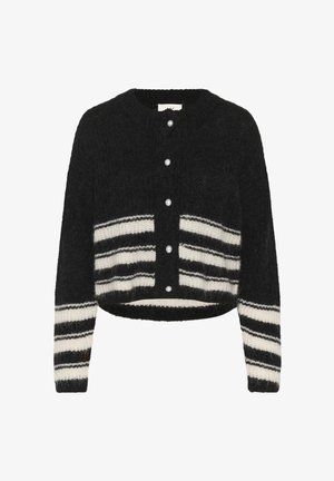 Cardigan noir en tricot avec des rayures horizontales blanches sur le bas du corps et les manches, doté de boutons en forme de perles sur le devant.