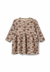 Haljina dugih rukava s okruglim izrezom, ukrašena cvjetnim uzorkom u smeđoj boji na kremasto bijeloj pozadini. Široki rub, mekani materijal i opušteni kroj.