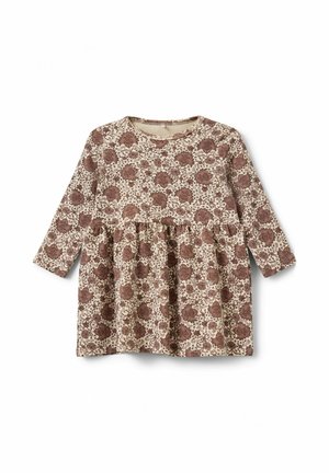 Pitkähihaisen mekon pyöreä pääntie, jossa on ruskeita kukkakuoseja vaaleancremellä taustalla. levenevä helma, pehmeä kangas ja rento malli.