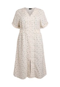 Vestido crema con escote en V, mangas cortas, cintura elástica y patrón floral en verde y azul. Presenta una abertura frontal y un tejido texturizado.