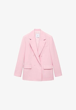 Dubbelgebreide blazer in zachtroze stof, met gekartelde revers, voorzakken en een strak getailleerde vorm.