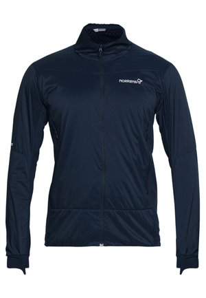 Veste Norrøna en bleu marine, avec un col haut, fermeture éclair intégrale, poignets élastiques et une texture légère et douce.