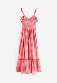 Punane ja valge ruuduline kleit, millel on kokkupressitud korsett, volangidega rihmad ja kihiline seelik. Valmistatud kerge kangaga, millel on kartulikooritud detailid.