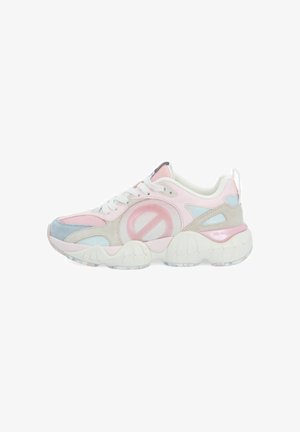 Multicolor sneaker with a mix of pink, blue, and gray suede and mesh materials; features a chunky white sole and lace-up design.