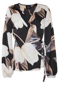 Blouse noire enroulée avec un motif floral en crème et taupe, manches longues, fermeture à nouer sur le côté, et texture de tissu lisse.