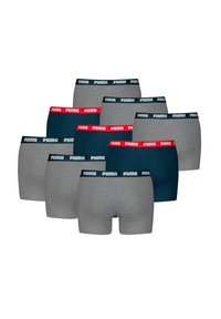Acht Paar Herrenboxershorts in Grau und Grün mit kontrastierenden elastischen Bunds mit weißem "PUMA"-Logo. Glatte Stofftextur.