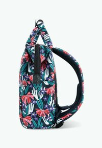 Floral-patterned bag in dark colors, featuring a zip closure, padded shoulder strap, and a side pocket. Made of durable fabric.