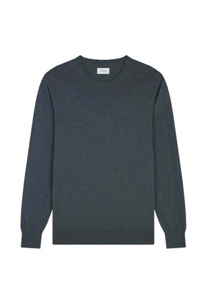 Dunkelgrauer Langarmpullover mit Rundhalsausschnitt, gerippten Bündchen und Saum, flach auf weißem Hintergrund dargestellt.