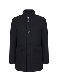 Czarny wełniany płaszcz z wysokim kołnierzem, z czterema guzikami z przodu i dwoma bocznymi kieszeniami, o gładkiej fakturze i dopasowanym kroju.
