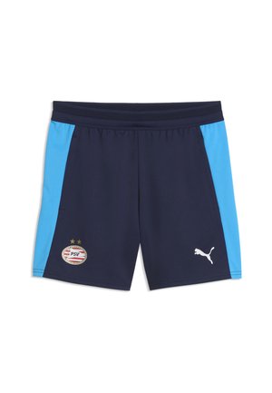 Marineblå sportsshorts med lyseblå sidepaneler, PSV fodboldklubs mærke på venstre ben og hvid Puma-logo på højre ben.
