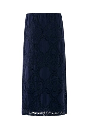 Marineblauwe knielange rok met bloemmotief van opengewerkt kant en gegolfde zoom, rechte pasvorm, zonder zichtbare sluitingen of versieringen.