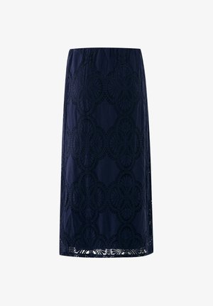 Marineblauwe knielange rok met bloemmotief van opengewerkt kant en gegolfde zoom, rechte pasvorm, zonder zichtbare sluitingen of versieringen.