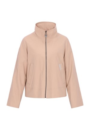 Lyserød jakke med høj krave, lynlåslukning foran og to sidelommer. Fremstillet i glat stof med en kort model og minimalistiske detaljer.