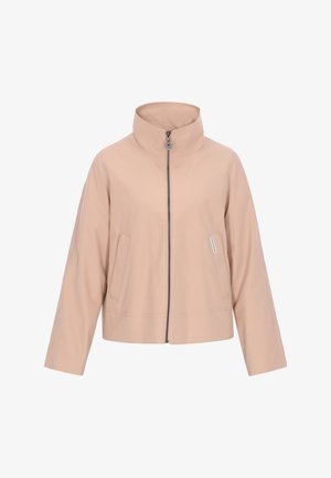 Hellrosa Jacke mit hohem Kragen, Reißverschluss vorne und zwei seitlichen Taschen. Hergestellt aus glattem Stoff mit einem verkürzten Schnitt und minimalen Details.