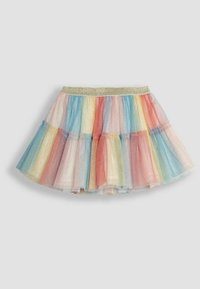 Meerlaagde multicolor tule rok, met pastelkleuren roze, blauw en geel, accentueert met een sprankelende gouden elastische tailleband.
