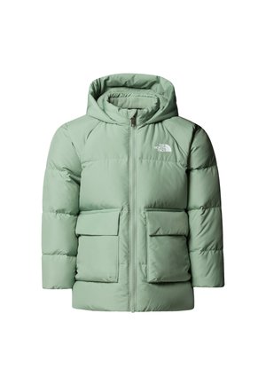 Chaqueta de invierno acolchada de color verde claro con capucha, cremallera frontal, dos bolsillos con solapa y el logo de The North Face en el pecho.