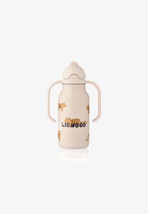 Beżowa butelka dla malucha z uchwytami, ilustracjami tygrysa i logo "LIEWOOD" na białym tle.