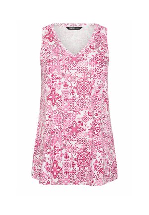 Ärmelloses weißes Top mit einem pinkfarbenen floralen und geometrischen Fliesenmuster, ausgestattet mit einem V-Ausschnitt und leicht ausgestelltem Saum.