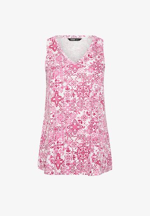 Ärmelloses weißes Top mit einem pinkfarbenen floralen und geometrischen Fliesenmuster, ausgestattet mit einem V-Ausschnitt und leicht ausgestelltem Saum.