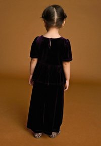Long-sleeve velvet top in deep purple with a peplum waist, paired with wide-leg black pants and leopard print shoes, viewed from the back.