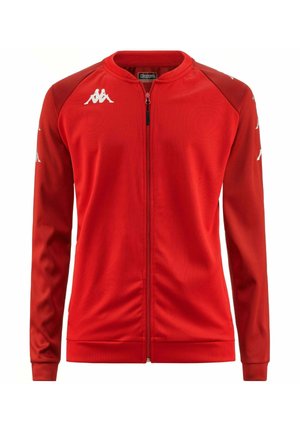 Giacca sportiva rossa con zip frontale, maniche lunghe, logo Kappa sulle spalle, realizzata in tessuto liscio e leggero, con polsini e orlo a coste.