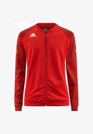 Veste de sport rouge avec fermeture éclair à l'avant, manches longues, logo Kappa sur les épaules, fabriquée en tissu léger et lisse, avec des poignets et un ourlet côtelés.