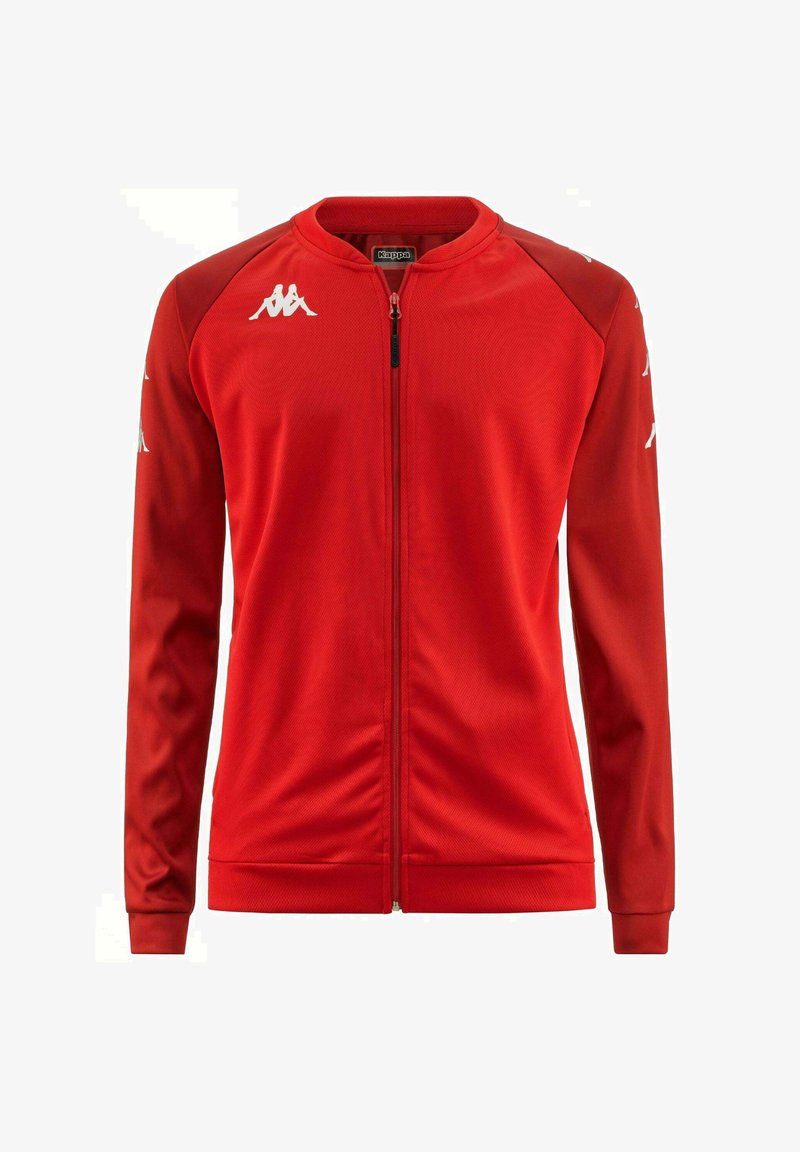 Veste de sport rouge avec fermeture éclair à l'avant, manches longues, logo Kappa sur les épaules, fabriquée en tissu léger et lisse, avec des poignets et un ourlet côtelés.