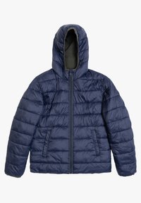 Giubbotto imbottito blu navy con cappuccio, dotato di chiusura con zip, due tasche frontali e cuciture orizzontali per l'isolamento.