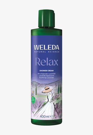 Grøn plastflaske med Weleda Relax Shower Cream, med en blå etiket med en illustration og tekst på flere sprog. 400 ml størrelse.