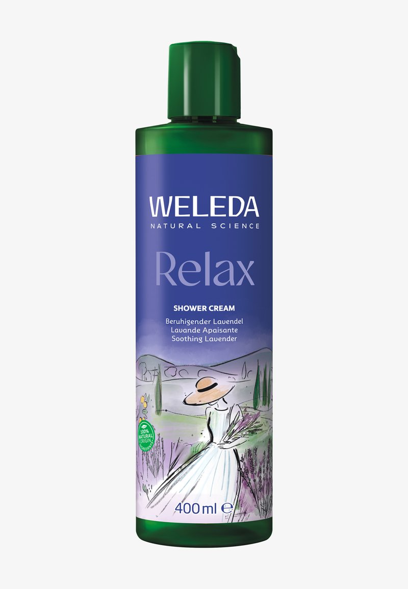 Groene plastic fles van Weleda Relax Douchecrème, met een blauw etiket voorzien van een illustratie en tekst in verschillende talen. Inhoud 400 ml.