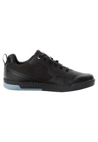 Black athletic shoe with a textured upper and smooth toe cap, featuring a light blue outsole with hexagonal patterns and lace-up design.