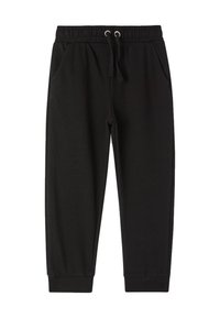Czarne joggery z elastycznym pasem i sznurkiem, z kieszeniami bocznymi i ściągaczami, wykonane z miękkiego, wygodnego materiału.