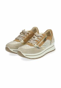 Zapatillas de cuero y ante en tonos beige y tostado, con cordones, un acento de cremallera, detalles perforados y una suela de goma texturizada.