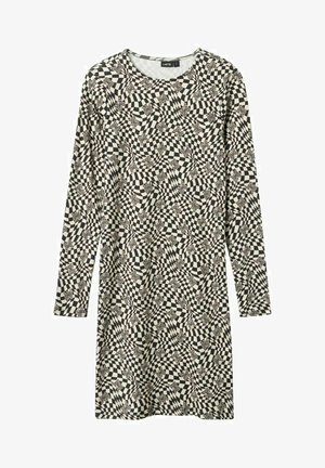 Dlouhý rukáv šatů s černobílým kostkovaným vzorem, který má abstraktní motivy motýlů. Vyrobeno z měkké tkaniny s kulatým výstřihem.