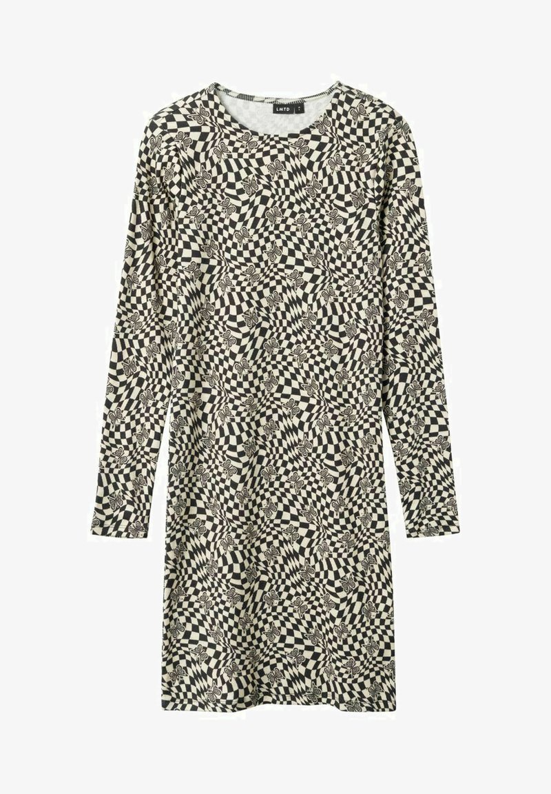 Langarm jurk in zwart-wit geblokt patroon, met abstracte vlinderontwerpen. Gemaakt van zachte stof met een ronde halslijn.