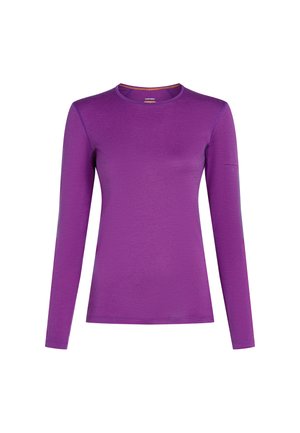 Purple long-sleeve shirt with a round neckline, smooth texture, and stitched detailing on the sleeves. Lightweight, fitted design.