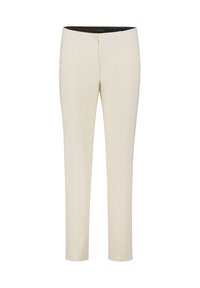 Cream-colored trousers with a tapered design, featuring front seam detailing, a single button closure, and a smooth texture.