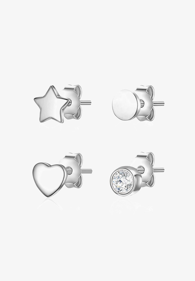 Neljadestamine hõbedased kõrvarõngad: täht, süda, sile ring ja üks selge kristallaktsendiga. Sile viimistlus, erinevad kujundid.