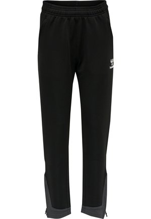 Pantalons de sport noirs avec une taille élastique, poches latérales et accents en maille grise sur le bas des jambes. Comprend des zips au niveau des chevilles.
