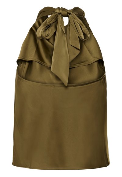 Haut dos nu en satin vert olive avec un grand nœud noué au niveau de l'encolure et un détail superposé à l'avant.