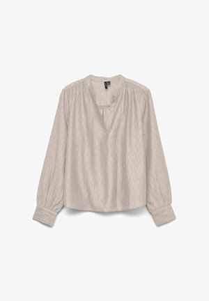 Světlá šedá halenka s výstřihem do V a dlouhými nařasenými rukávy. Má strukturovaný vzor a elastické manžety. Hladká tkanina a volný střih.