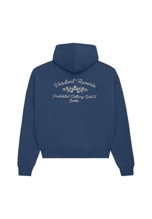 Navy blue hoodie with white floral embroidery and cursive text reading "Verdant Reverie" and "Prohibited Clothing GmbH Berlin" on the back.