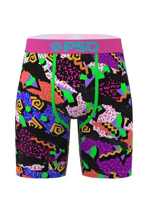 Herren-Boxershorts mit leuchtenden abstrakten geometrischen Formen in Grün, Lila, Orange, Schwarz und Pink sowie einem pinkfarbenen Bündchen mit der Aufschrift PSD.